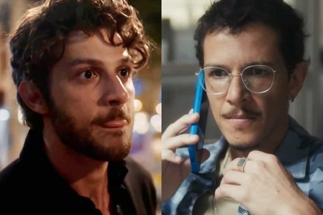 Do lado esquerdo, Ari aparece alterado. Já no outro lado, Gil está ao telefone chocado em Travessia (Globo).