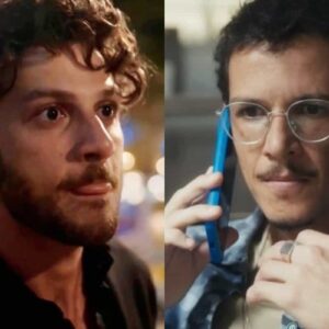 Do lado esquerdo, Ari aparece alterado. Já no outro lado, Gil está ao telefone chocado em Travessia (Globo).