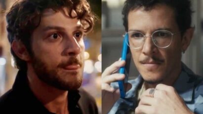 Do lado esquerdo, Ari aparece alterado. Já no outro lado, Gil está ao telefone chocado em Travessia (Globo).