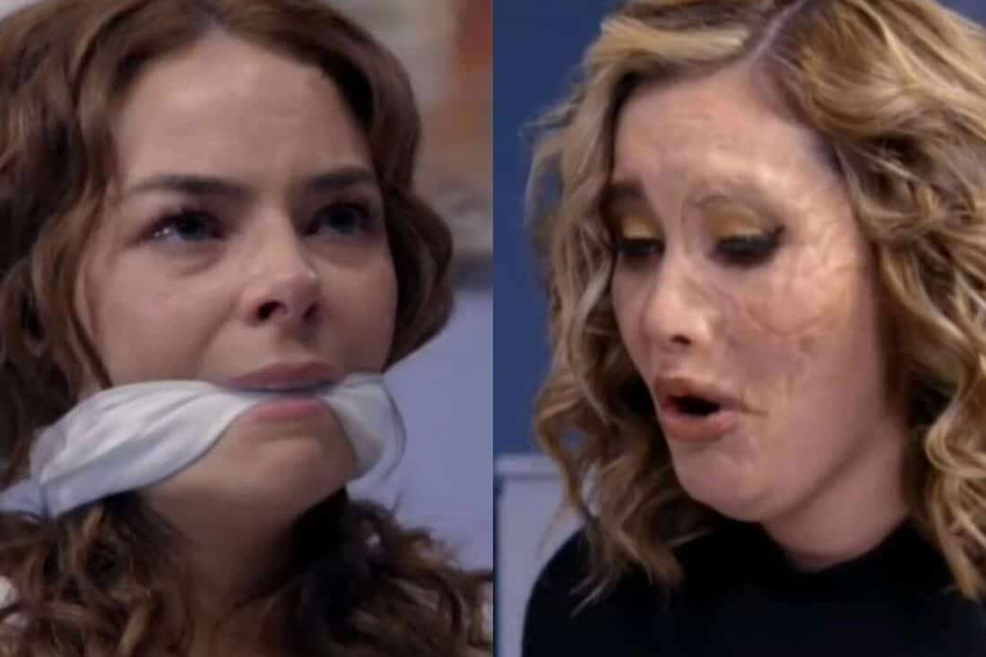 Samanta, com um olhar de fúria e um bisturi na mão, se aproxima de Ângela, que está deitada em uma cama de hospital, com medo e angústia no rosto. Ao fundo, Leonardo tenta intervir, mas é impedido por Álvaro.