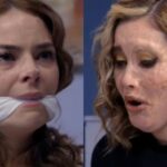 Samanta, com um olhar de fúria e um bisturi na mão, se aproxima de Ângela, que está deitada em uma cama de hospital, com medo e angústia no rosto. Ao fundo, Leonardo tenta intervir, mas é impedido por Álvaro.