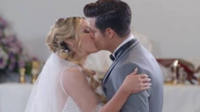 Salma e Leonardo se beijando no altar após o casamento, com Ângela chorando em uma igreja errada.