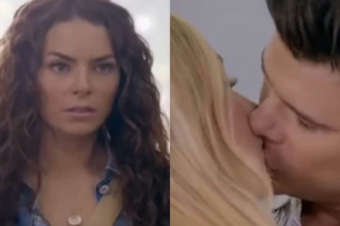 Ângela observa chocada enquanto Leonardo e Salma se beijam apaixonadamente