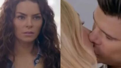 Ângela observa chocada enquanto Leonardo e Salma se beijam apaixonadamente