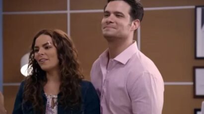 Leonardo e Ângela se olham em um clima de tensão. A expressão de cada personagem traduz as emoções complexas que permeiam a história.