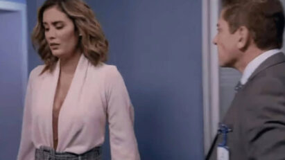 Geraldo e Samanta em Contigo Sim, com Geraldo de braços cruzados e cara de raiva e Samanta de cabeça baixa e chorando.