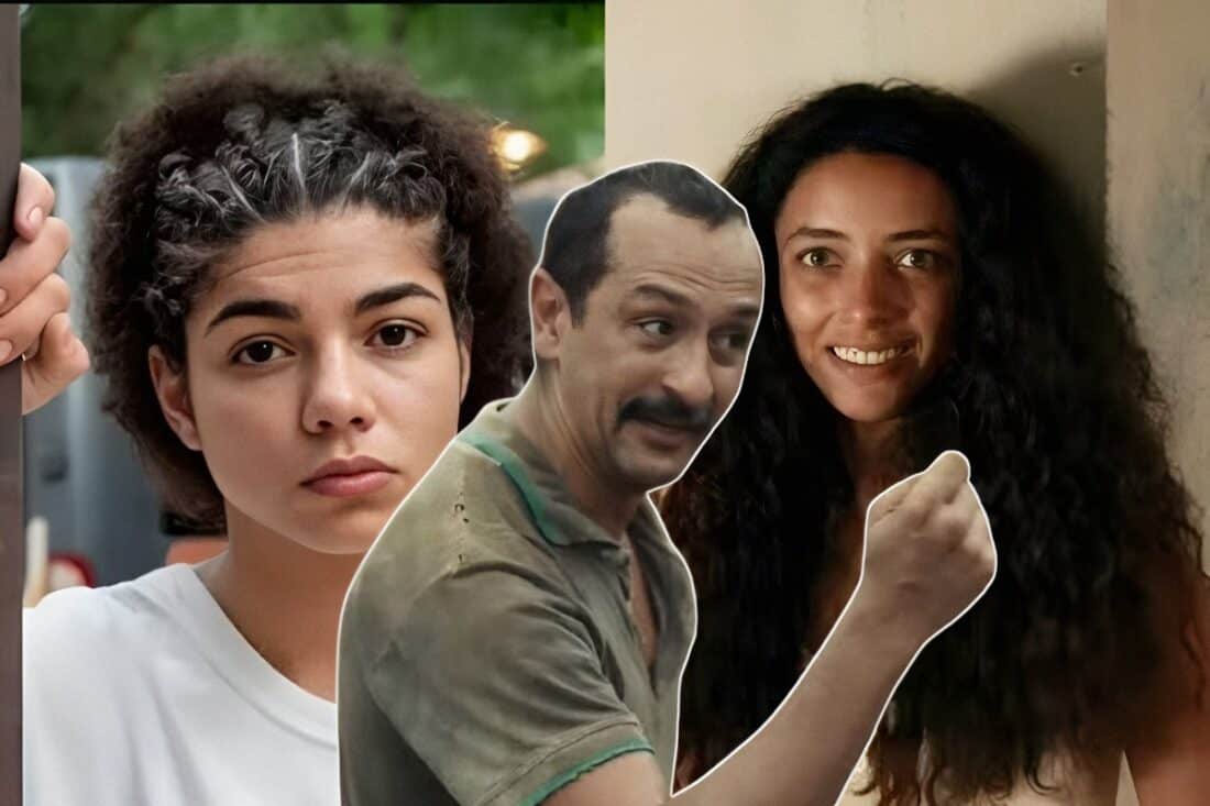 Joana e Tião se encaram em clima de tensão, com Zinha observando-os ao fundo.