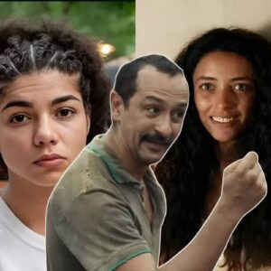 Joana e Tião se encaram em clima de tensão, com Zinha observando-os ao fundo.