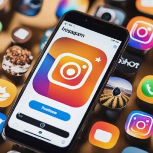 Um smartphone exibindo um feed colorido do Instagram com fotos de produtos, um botão "Compre agora" e legendas envolventes. Notificações de novas mensagens e curtidas aparecem na tela