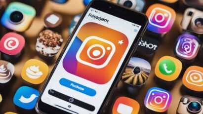 Um smartphone exibindo um feed colorido do Instagram com fotos de produtos, um botão "Compre agora" e legendas envolventes. Notificações de novas mensagens e curtidas aparecem na tela