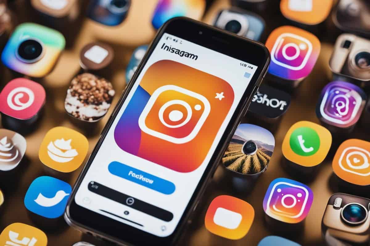 Um smartphone exibindo um feed colorido do Instagram com fotos de produtos, um botão "Compre agora" e legendas envolventes. Notificações de novas mensagens e curtidas aparecem na tela