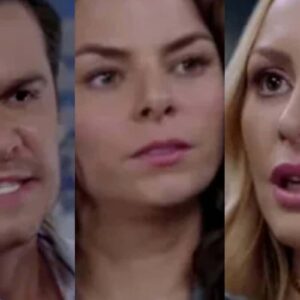 Ângela e Salma olham uma para a outra com raiva e desprezo, enquanto Leonardo está no meio, confuso e abatido.