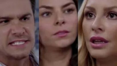 Ângela e Salma olham uma para a outra com raiva e desprezo, enquanto Leonardo está no meio, confuso e abatido.