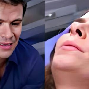 Ângela em trabalho de parto na ambulância, com um olhar de dor e medo.