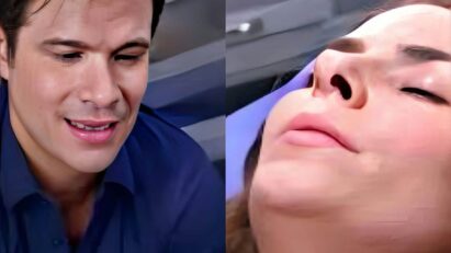 Ângela em trabalho de parto na ambulância, com um olhar de dor e medo.