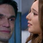 Clara e Dário, personagens de Contigo Sim, se olham com tristeza em um parque.