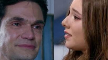 Clara e Dário, personagens de Contigo Sim, se olham com tristeza em um parque.