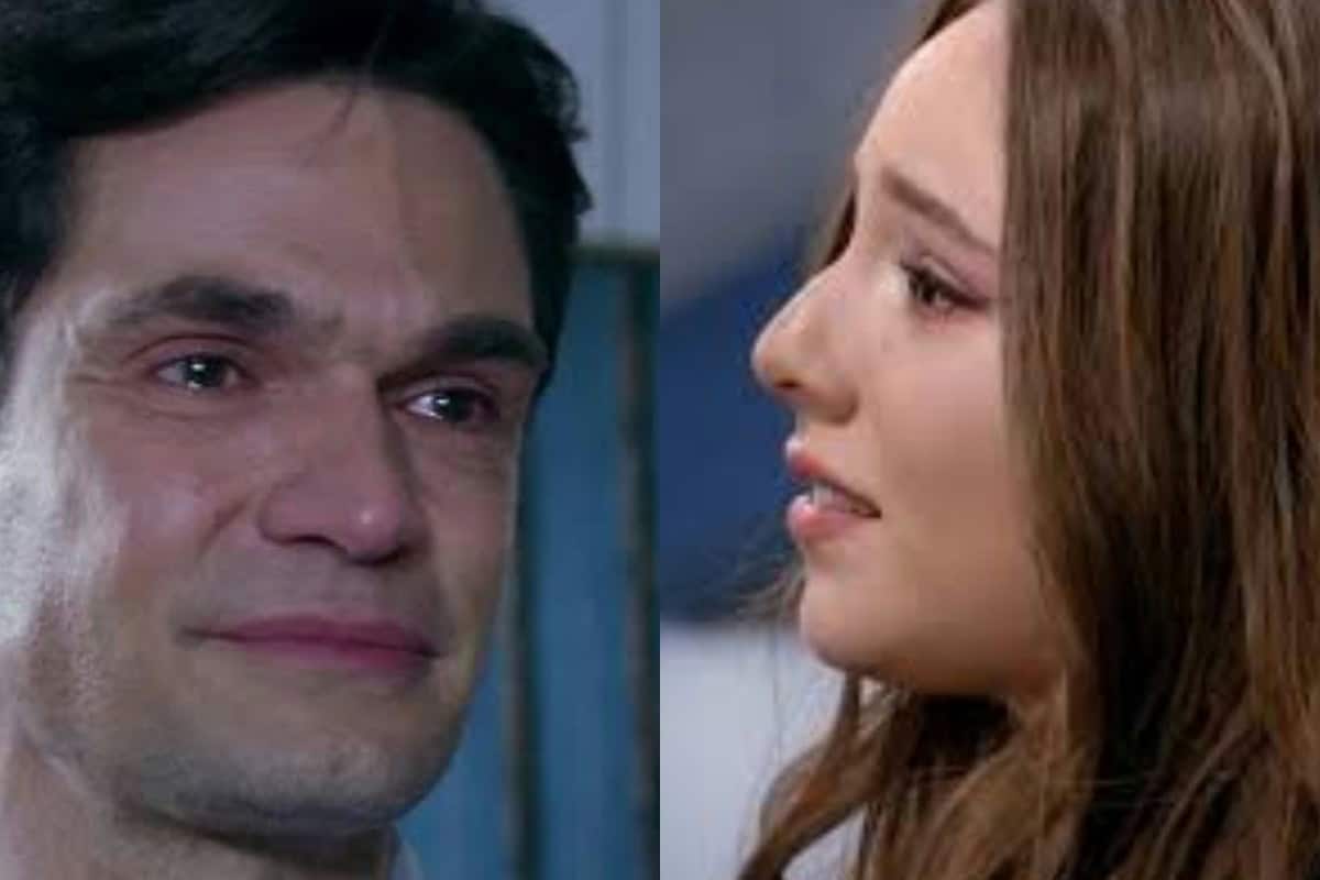 Clara e Dário, personagens de Contigo Sim, se olham com tristeza em um parque.
