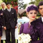 Cristina (Flávia Alessandra) caminha em direção ao altar com um vestido roxo ousado em Alma Gêmea.