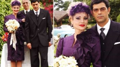 Cristina (Flávia Alessandra) caminha em direção ao altar com um vestido roxo ousado em Alma Gêmea.