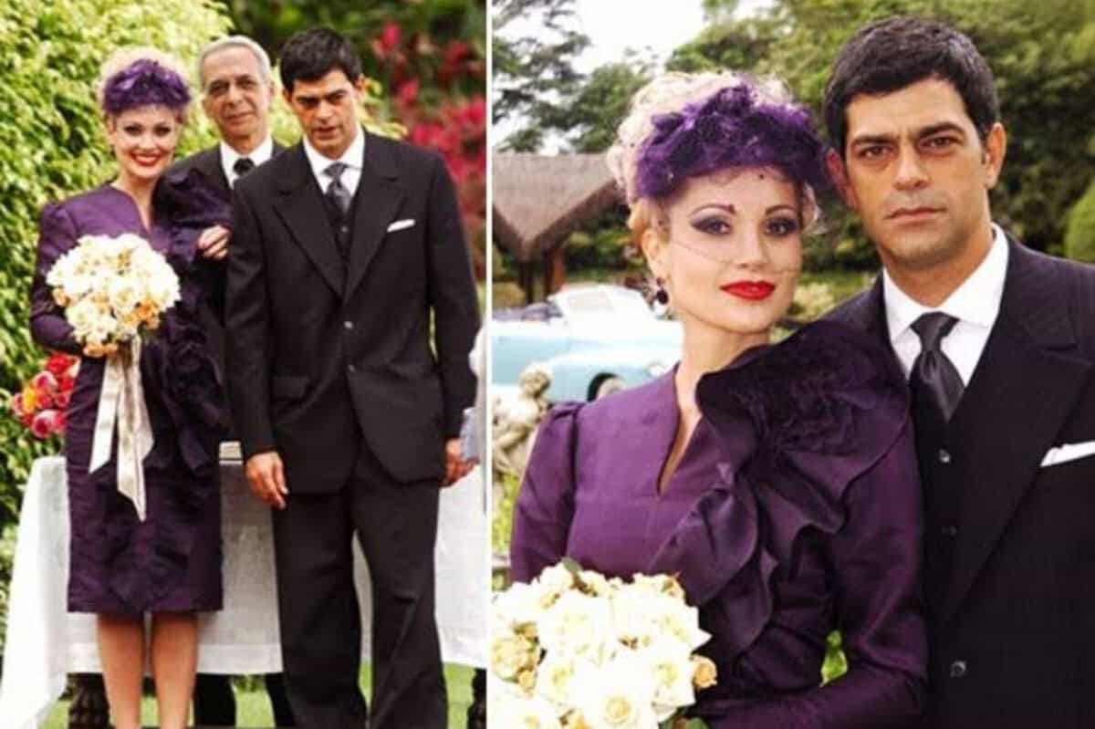 Cristina (Flávia Alessandra) caminha em direção ao altar com um vestido roxo ousado em Alma Gêmea.