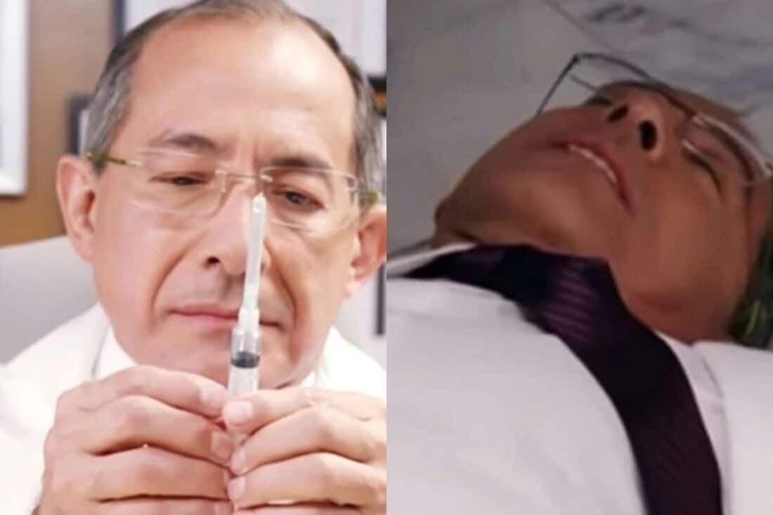 Duarte, personagem da novela Contigo Sim, com o rosto abatido e expressão de sofrimento, segura uma seringa em suas mãos.