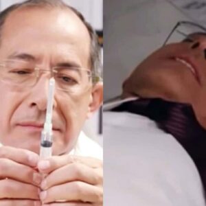 Duarte, personagem da novela Contigo Sim, com o rosto abatido e expressão de sofrimento, segura uma seringa em suas mãos.