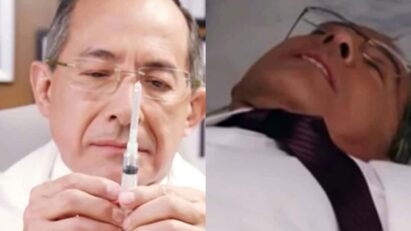Duarte, personagem da novela Contigo Sim, com o rosto abatido e expressão de sofrimento, segura uma seringa em suas mãos.