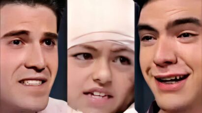 Ed e Oscar, casal protagonista gay da novela "Contigo se Vai", abraçam a menina Estrelinha com carinho.