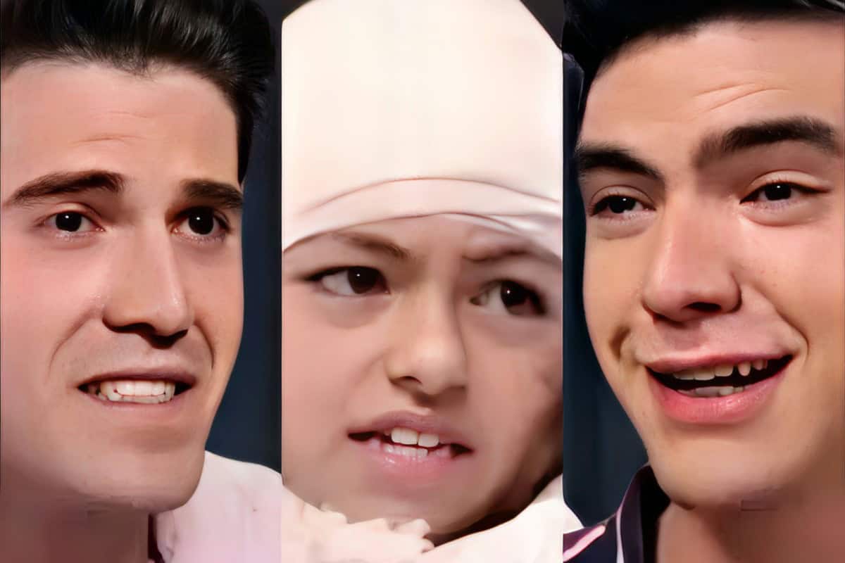 Ed e Oscar, casal protagonista gay da novela "Contigo se Vai", abraçam a menina Estrelinha com carinho.