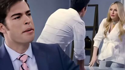 Leonardo (Brandon Peniche) olha com raiva e decepção para Salma e Álvaro, que abaixam a cabeça envergonhados.