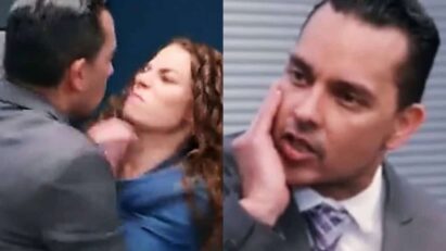 Fernando, com um sorriso malicioso, tenta se aproximar de Ângela, que se sente desconfortável.