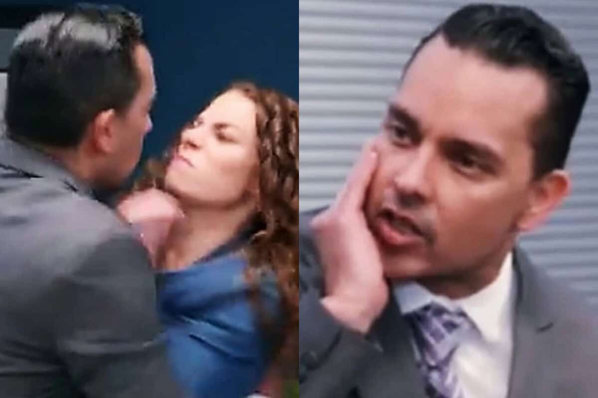 Fernando, com um sorriso malicioso, tenta se aproximar de Ângela, que se sente desconfortável.