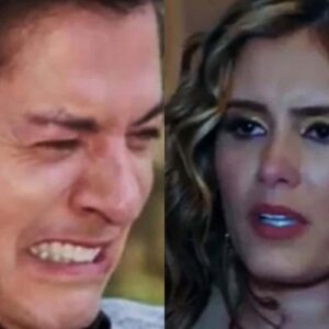 Samanta fecha a porta da mansão na cara de Geraldo, que a observa com tristeza e decepção.