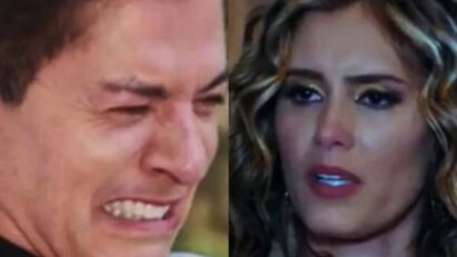 Samanta fecha a porta da mansão na cara de Geraldo, que a observa com tristeza e decepção.