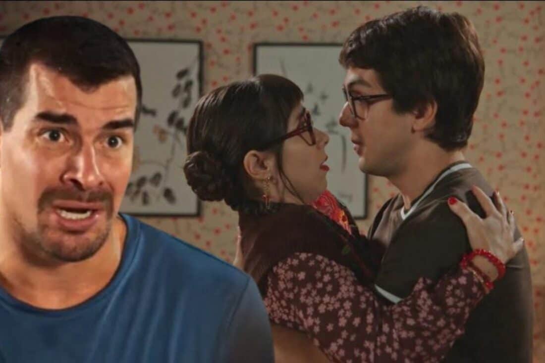 Guto (Daniel Rangel) beija Lupita (Daphne Bozaski) em um momento romântico, deixando Júpiter (Thiago Martins) furioso.