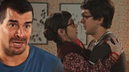 Guto (Daniel Rangel) beija Lupita (Daphne Bozaski) em um momento romântico, deixando Júpiter (Thiago Martins) furioso.