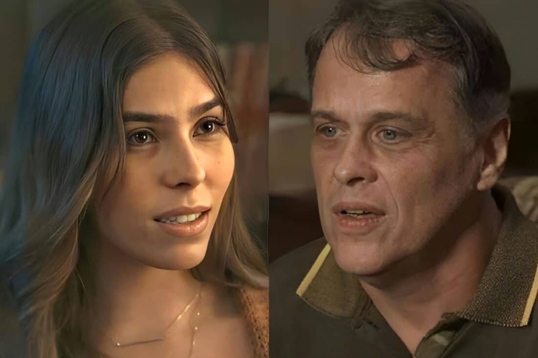 Humberto e Buba se abraçam em um momento comovente durante o casamento de Buba em Renascer.