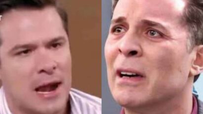 Júlio, personagem de Contigo Sim, olha chocado para uma foto de Leonardo.