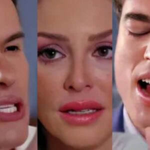 Leonardo encara Salma com raiva e decepção, enquanto ela chora em desespero. Álvaro observa a cena à distância, com um olhar sombrio.