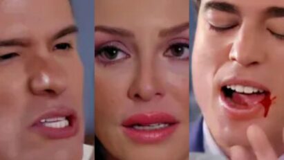 Leonardo encara Salma com raiva e decepção, enquanto ela chora em desespero. Álvaro observa a cena à distância, com um olhar sombrio.