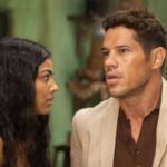 Marcelo (José Loreto) olha para Quinota (Larissa Bocchino) com um olhar de desejo e ciúme.