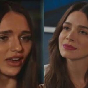 Maya (Sabrina Petraglia) olha para Jéssica (Rafa Kalimann) com um olhar de decepção e raiva.