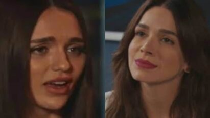 Maya (Sabrina Petraglia) olha para Jéssica (Rafa Kalimann) com um olhar de decepção e raiva.