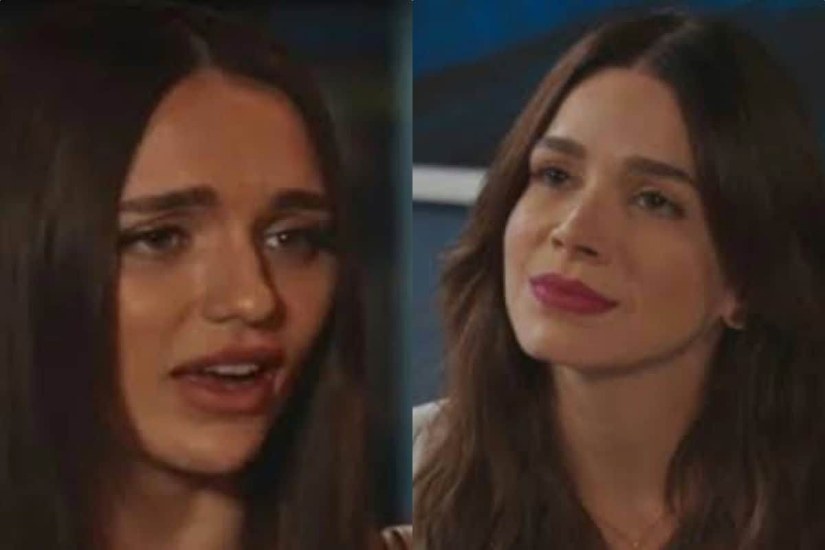 Maya (Sabrina Petraglia) olha para Jéssica (Rafa Kalimann) com um olhar de decepção e raiva.