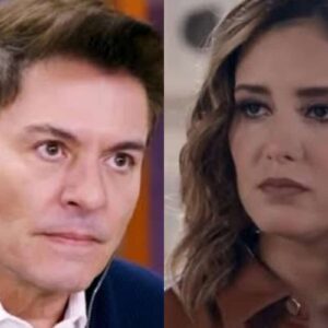 Samanta com raiva e Geraldo com olhar de desprezo