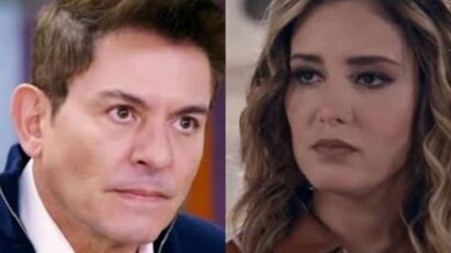 Samanta com raiva e Geraldo com olhar de desprezo