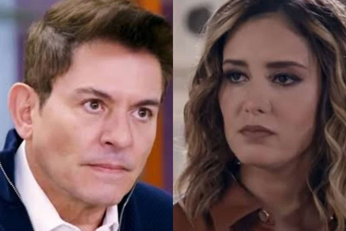 Samanta com raiva e Geraldo com olhar de desprezo