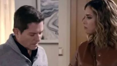 Samanta e Geraldo se encarando com raiva e mágoa