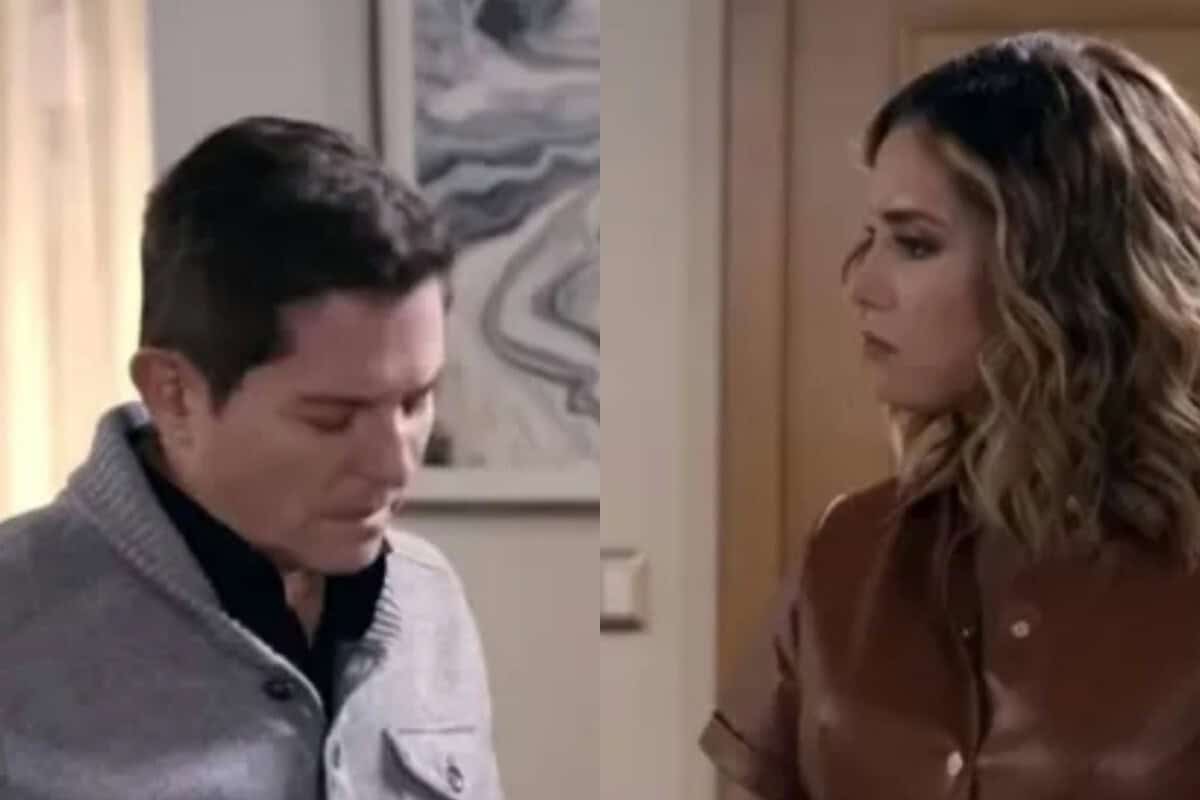 Samanta e Geraldo se encarando com raiva e mágoa